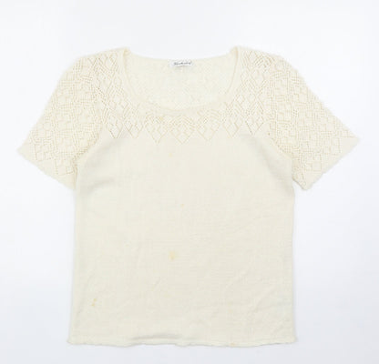 Berkertex Womens Ivory Geometric Acrylic Basic T-Shirt Size 10 Scoop Neck