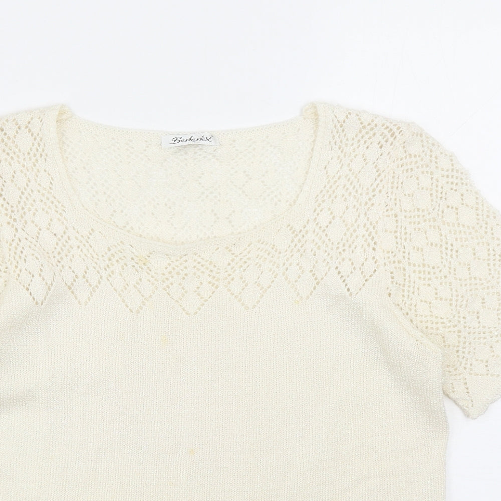 Berkertex Womens Ivory Geometric Acrylic Basic T-Shirt Size 10 Scoop Neck