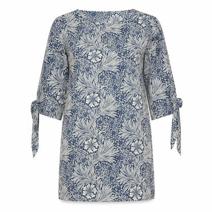 H&M Womens Blue Floral Polyester Shift Size 8 Boat Neck Pullover - Wide Sleeves Tie Detail