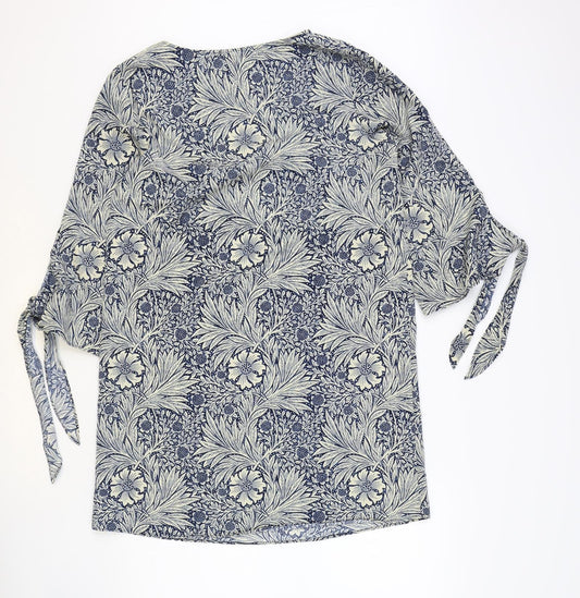 H&M Womens Blue Floral Polyester Shift Size 8 Boat Neck Pullover - Wide Sleeves Tie Detail