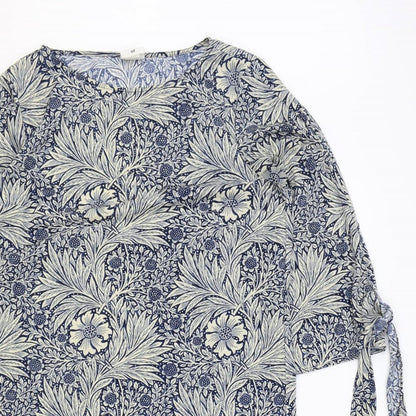 H&M Womens Blue Floral Polyester Shift Size 8 Boat Neck Pullover - Wide Sleeves Tie Detail