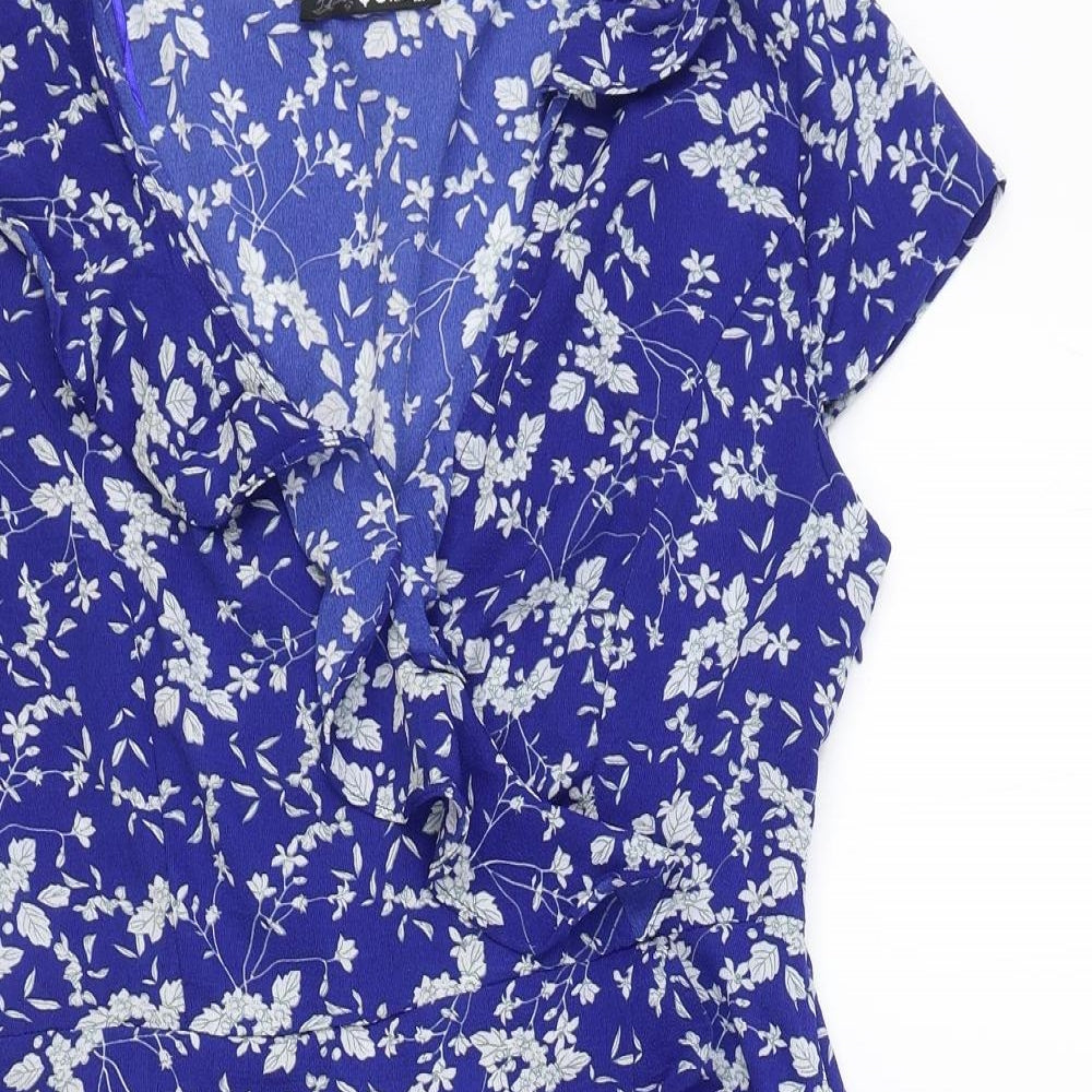 Quiz Womens Blue Floral Polyester Wrap Dress Size 10 V-Neck Zip