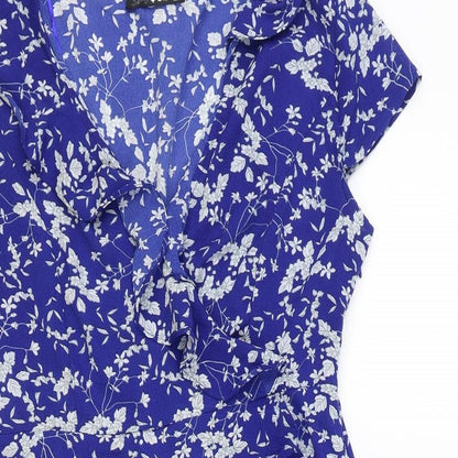 Quiz Womens Blue Floral Polyester Wrap Dress Size 10 V-Neck Zip