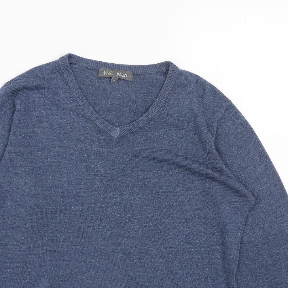 Marks and Spencer Mens Blue V-Neck Acrylic Pullover Jumper Size S