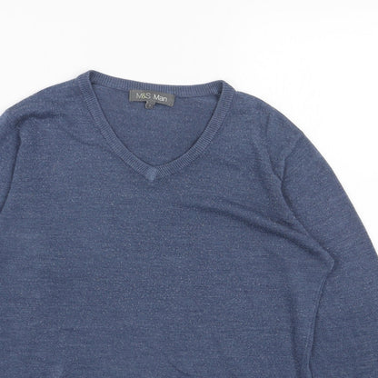 Marks and Spencer Mens Blue V-Neck Acrylic Pullover Jumper Size S