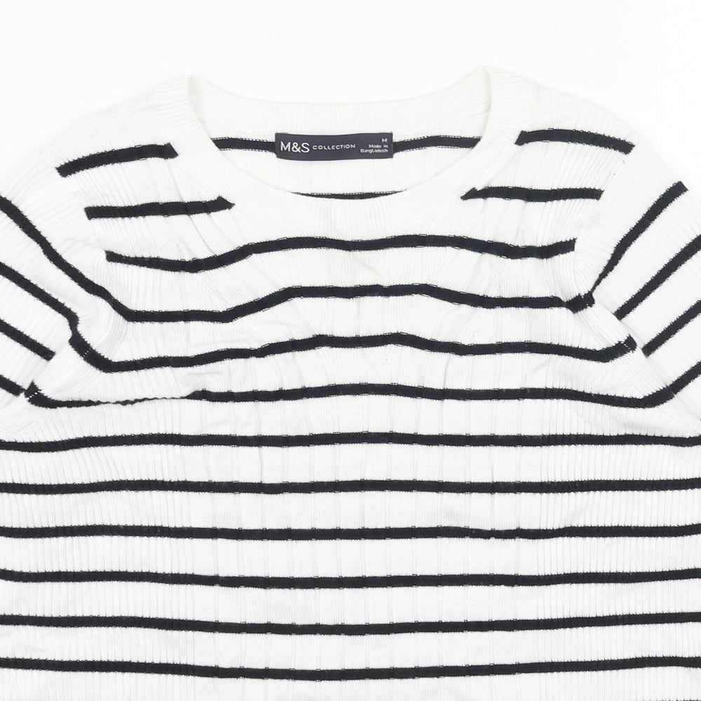 Marks and Spencer Womens White Scoop Neck Striped Cotton Pullover Jumper Size M - Ribbed