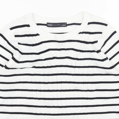 Marks and Spencer Womens White Scoop Neck Striped Cotton Pullover Jumper Size M - Ribbed