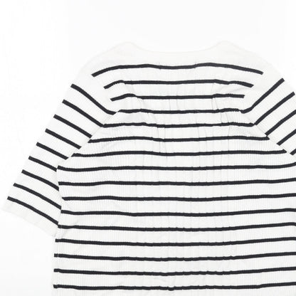 Marks and Spencer Womens White Scoop Neck Striped Cotton Pullover Jumper Size M - Ribbed