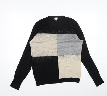 DIXIE Womens Black Scoop Neck Cotton Pullover Jumper Size L - Colourblock