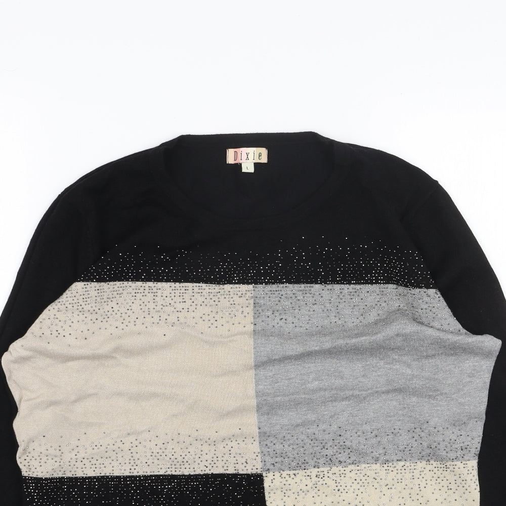 DIXIE Womens Black Scoop Neck Cotton Pullover Jumper Size L - Colourblock