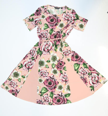 Nina Leonard Womens Pink Floral Polyester Fit & Flare Size XS Round Neck Tie