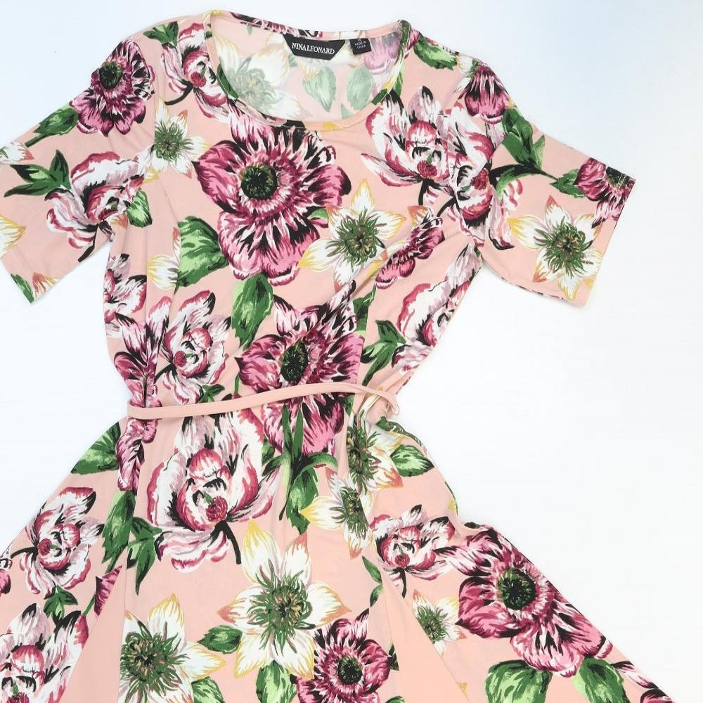 Nina Leonard Womens Pink Floral Polyester Fit & Flare Size XS Round Neck Tie