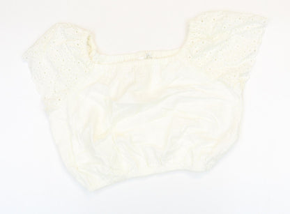 Marks and Spencer Girls White 100% Cotton Cropped T-Shirt Size 12-13 Years Square Neck Pullover