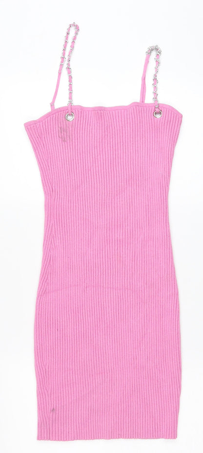 Preworn Womens Pink Viscose Bodycon Size L Square Neck Pullover - Chain Straps Ribbed