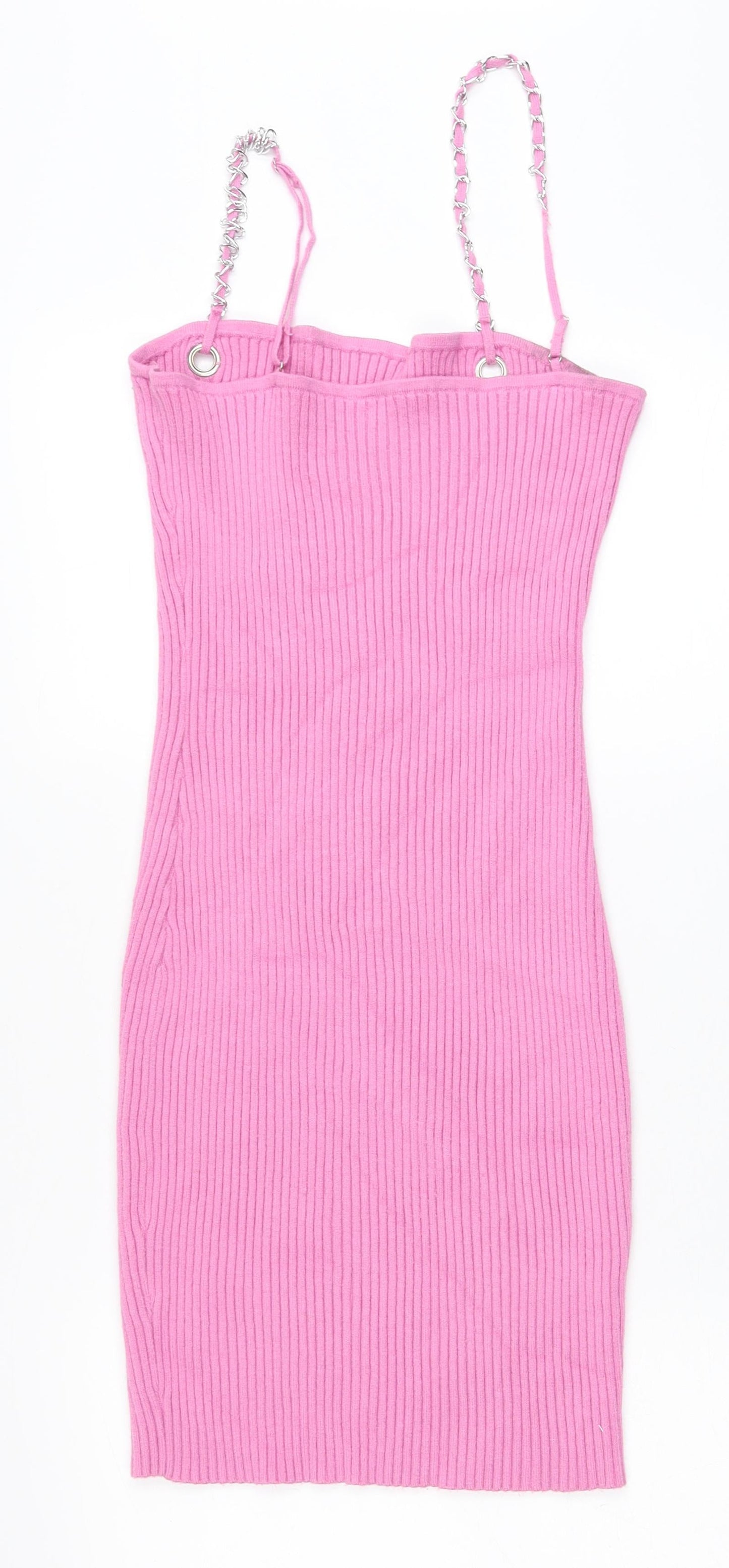 Preworn Womens Pink Viscose Bodycon Size L Square Neck Pullover - Chain Straps Ribbed