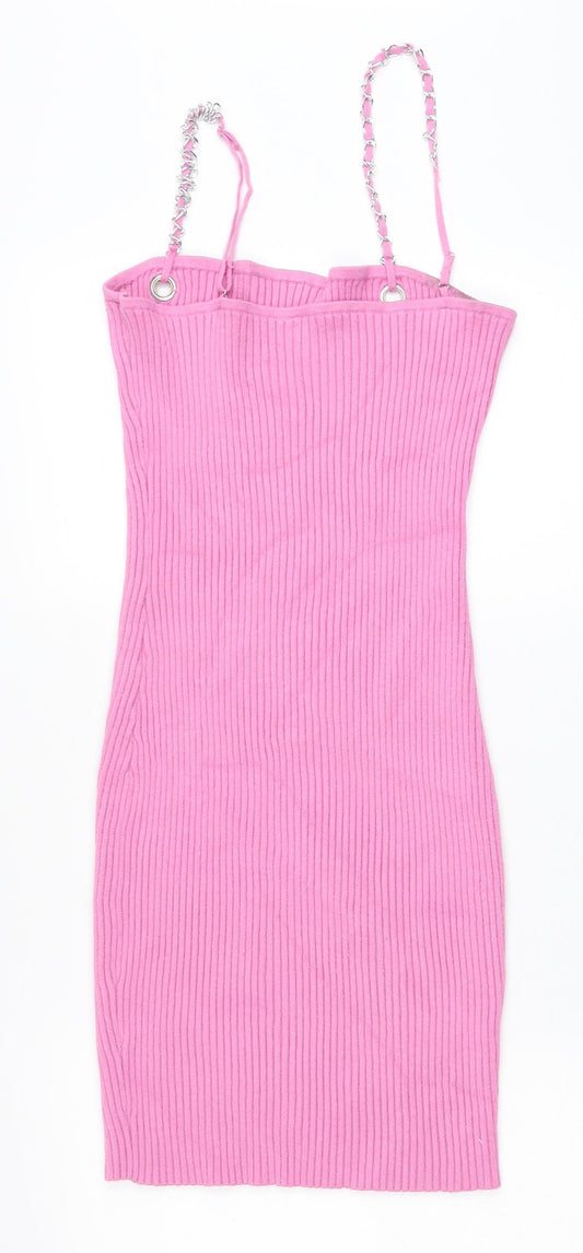 Preworn Womens Pink Viscose Bodycon Size L Square Neck Pullover - Chain Straps Ribbed