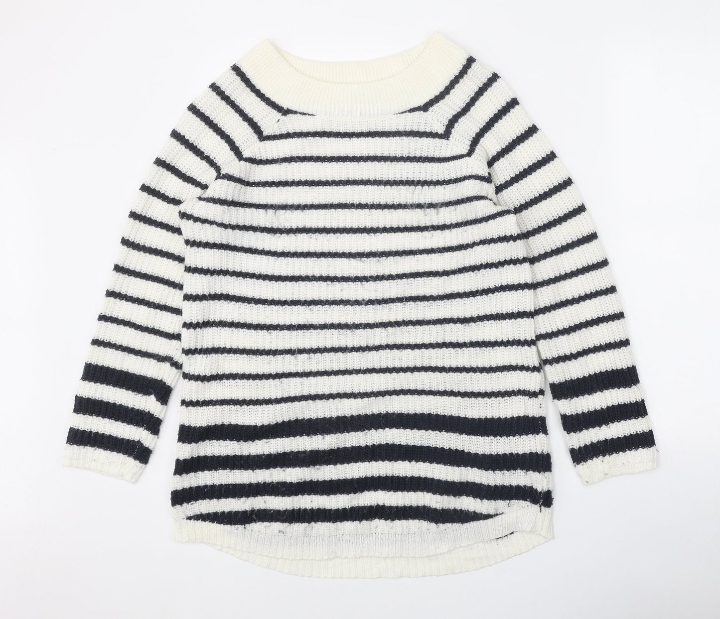 TU Womens White Boat Neck Striped Acrylic Pullover Jumper Size 14