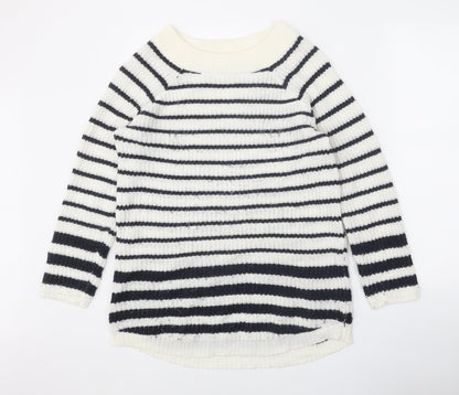 TU Womens White Boat Neck Striped Acrylic Pullover Jumper Size 14