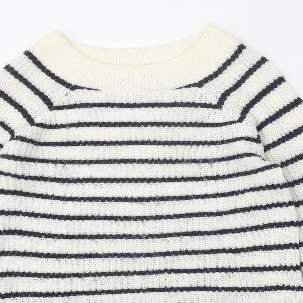 TU Womens White Boat Neck Striped Acrylic Pullover Jumper Size 14