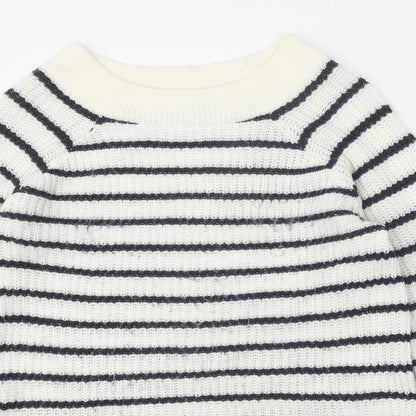 TU Womens White Boat Neck Striped Acrylic Pullover Jumper Size 14