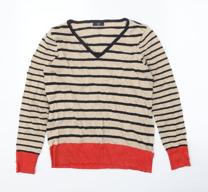 M&Co Womens Beige V-Neck Striped Viscose Pullover Jumper Size 12