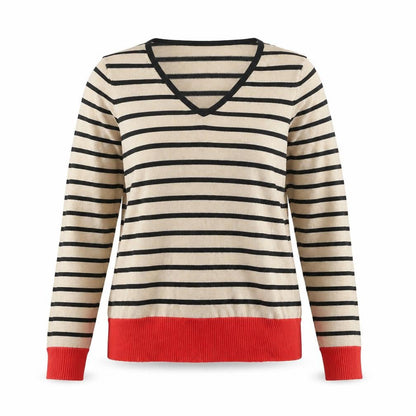 M&Co Womens Beige V-Neck Striped Viscose Pullover Jumper Size 12
