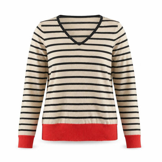 M&Co Womens Beige V-Neck Striped Viscose Pullover Jumper Size 12