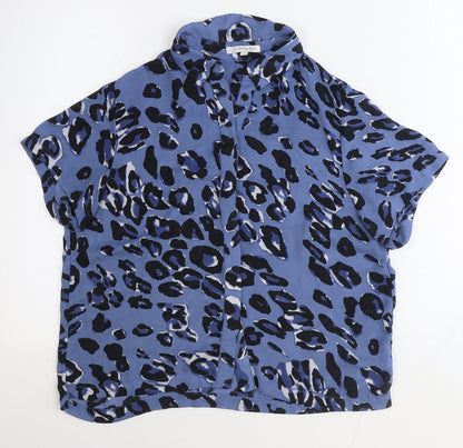 Glamorous Womens Blue Animal Print Polyester Basic Button-Up Size S Collared - Leopard Pattern