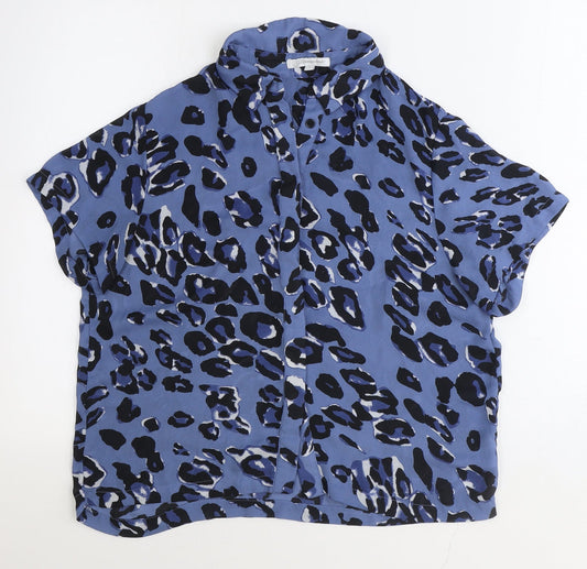 Glamorous Womens Blue Animal Print Polyester Basic Button-Up Size S Collared - Leopard Pattern