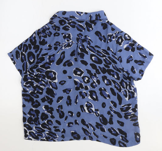 Glamorous Womens Blue Animal Print Polyester Basic Button-Up Size S Collared - Leopard Pattern