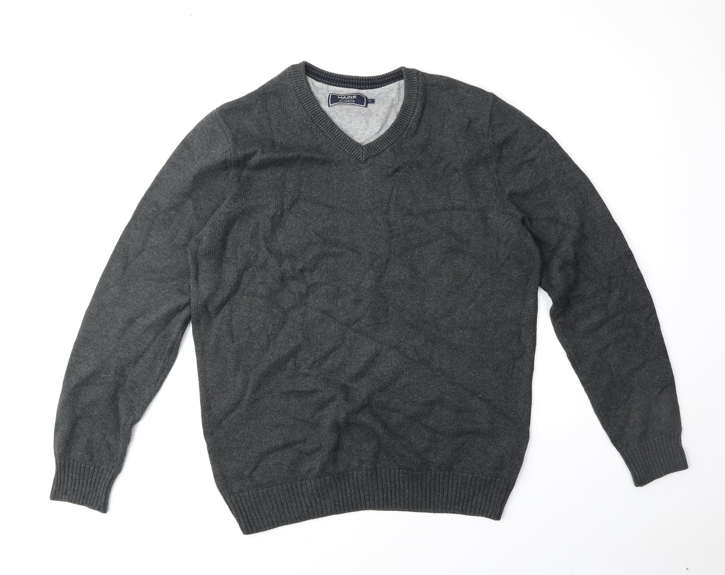 Maine Mens Grey V-Neck Cotton Pullover Jumper Size M