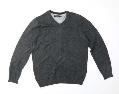 Maine Mens Grey V-Neck Cotton Pullover Jumper Size M