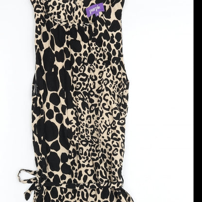 Purple Womens Black Animal Print Cotton Tank Dress Size S Boat Neck Tie