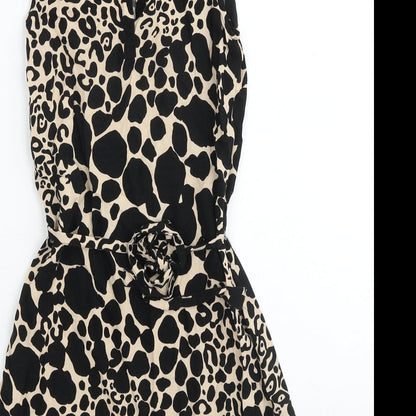 Purple Womens Black Animal Print Cotton Tank Dress Size S Boat Neck Tie