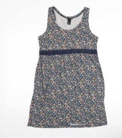 H&M Womens Blue Floral 100% Cotton Tank Dress Size S Scoop Neck Pullover - Lace Trim