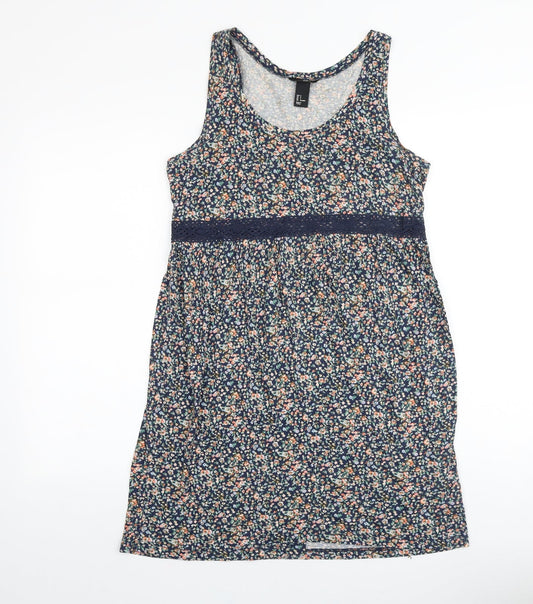 H&M Womens Blue Floral 100% Cotton Tank Dress Size S Scoop Neck Pullover - Lace Trim