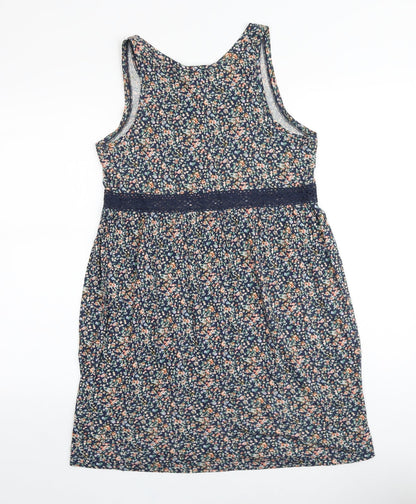 H&M Womens Blue Floral 100% Cotton Tank Dress Size S Scoop Neck Pullover - Lace Trim