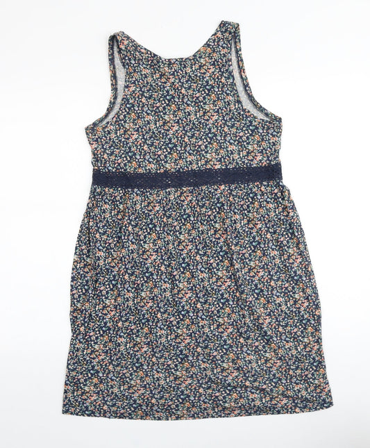 H&M Womens Blue Floral 100% Cotton Tank Dress Size S Scoop Neck Pullover - Lace Trim