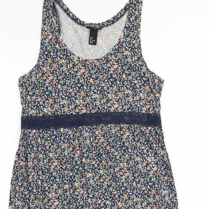 H&M Womens Blue Floral 100% Cotton Tank Dress Size S Scoop Neck Pullover - Lace Trim