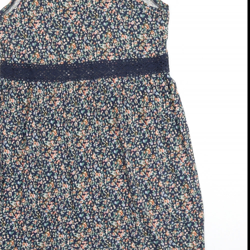 H&M Womens Blue Floral 100% Cotton Tank Dress Size S Scoop Neck Pullover - Lace Trim