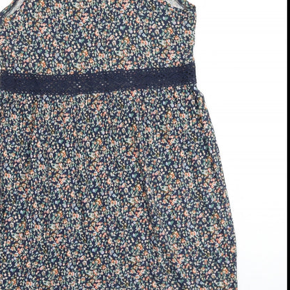 H&M Womens Blue Floral 100% Cotton Tank Dress Size S Scoop Neck Pullover - Lace Trim