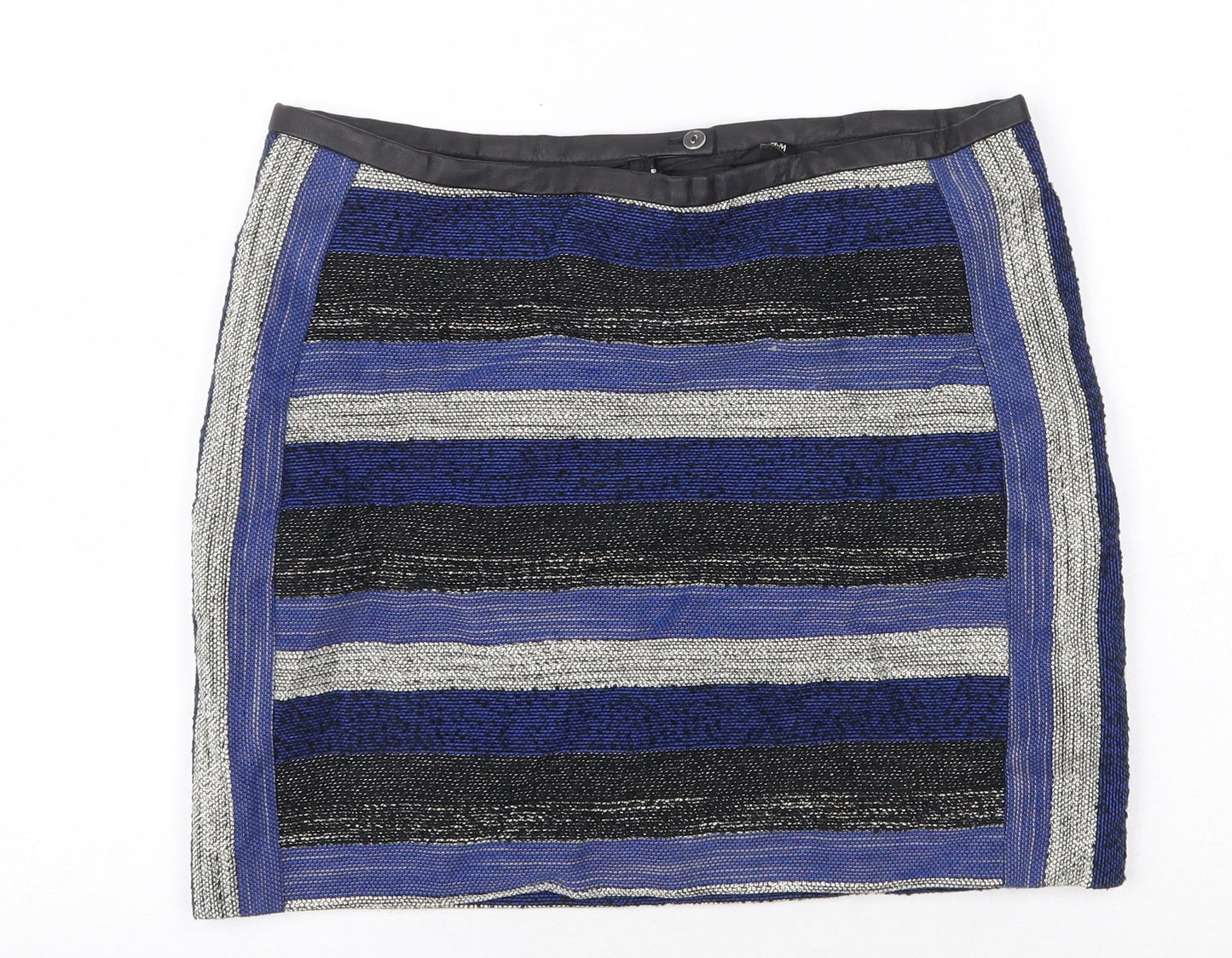 H&M Womens Blue Striped Cotton Mini Skirt Size 12 Zip