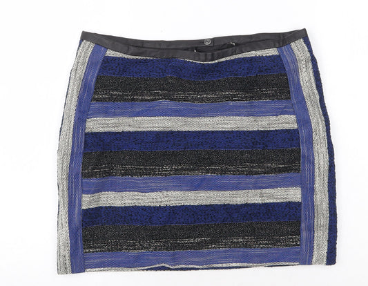 H&M Womens Blue Striped Cotton Mini Skirt Size 12 Zip