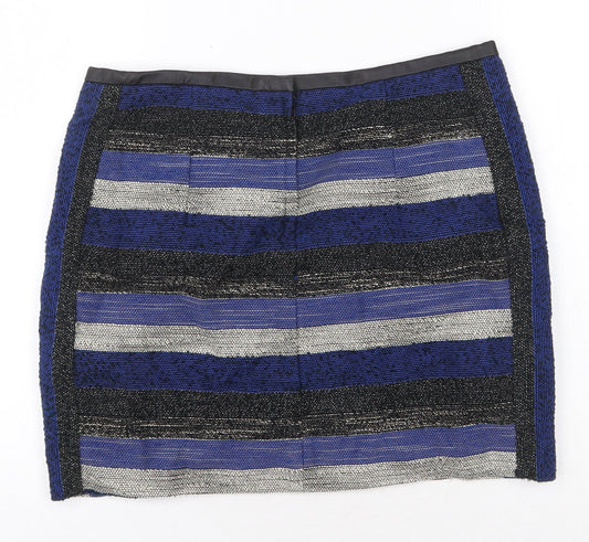 H&M Womens Blue Striped Cotton Mini Skirt Size 12 Zip