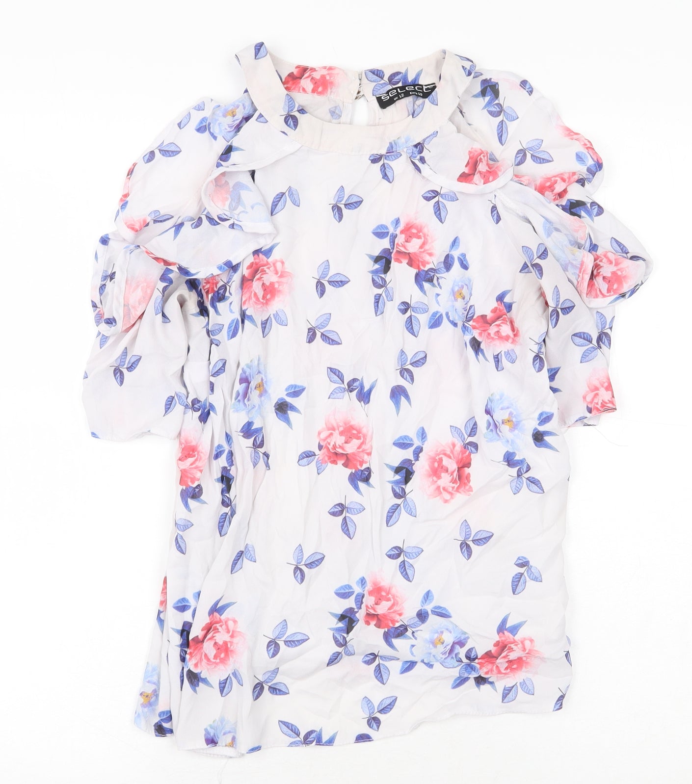 Select Womens White Floral Polyester Basic Blouse Size 12 Scoop Neck - Cold Shoulder
