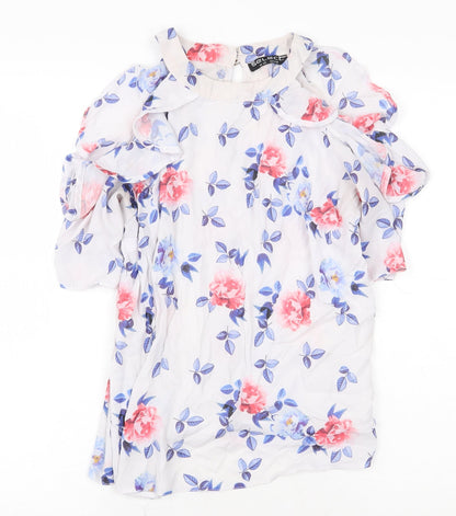 Select Womens White Floral Polyester Basic Blouse Size 12 Scoop Neck - Cold Shoulder