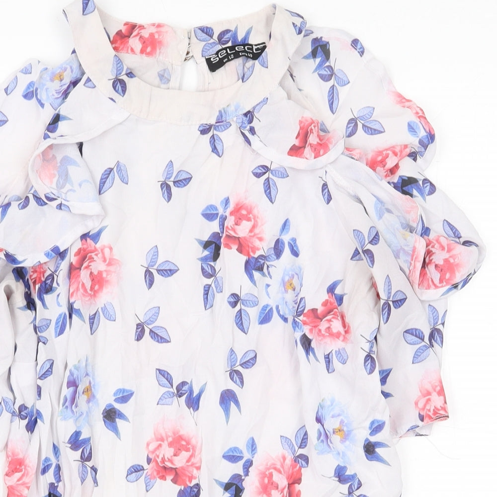 Select Womens White Floral Polyester Basic Blouse Size 12 Scoop Neck - Cold Shoulder