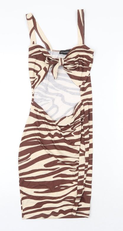 PRETTYLITTLETHING Womens Brown Animal Print Polyester Bodycon Size 8 Scoop Neck Tie - Zebra Print