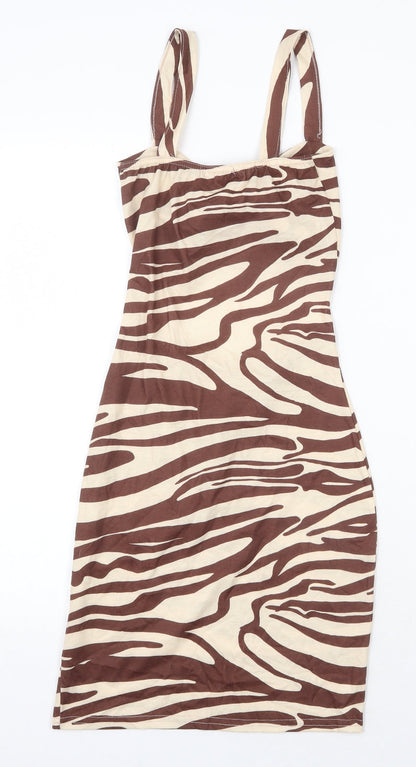 PRETTYLITTLETHING Womens Brown Animal Print Polyester Bodycon Size 8 Scoop Neck Tie - Zebra Print