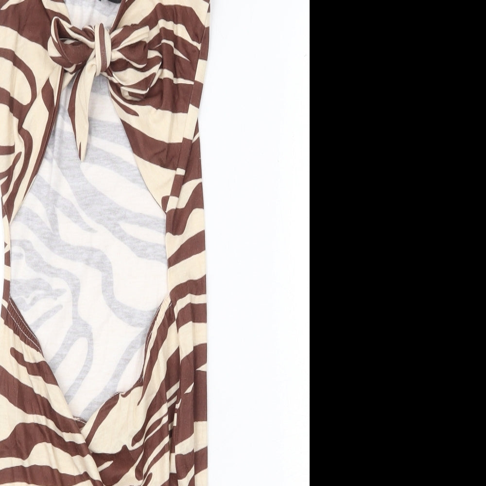 PRETTYLITTLETHING Womens Brown Animal Print Polyester Bodycon Size 8 Scoop Neck Tie - Zebra Print